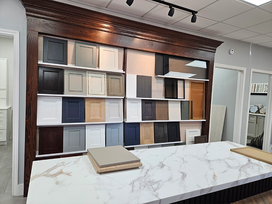 Cabinet door and finish samples displayed in the Unique BKB showroom