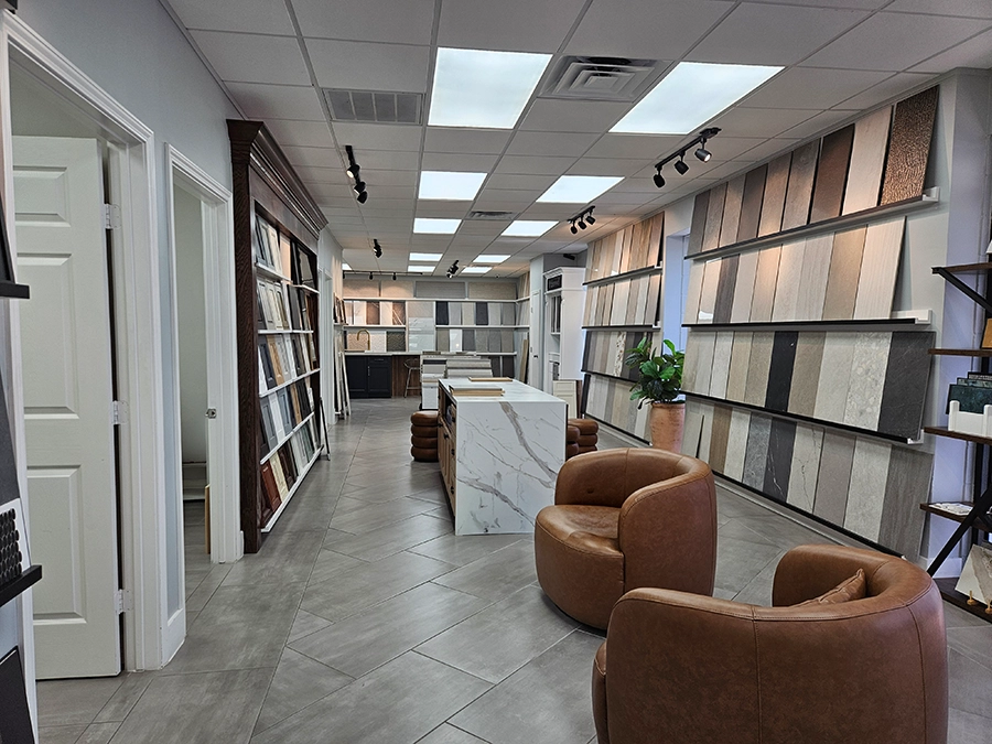 Flooring, countertop and material displays throughout the Unique BKB showroom